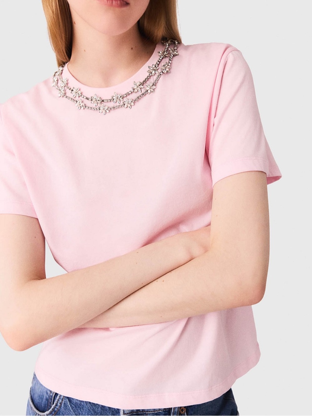 MAJE  Pink Short Sleeve Tee with Jeweled Neckline